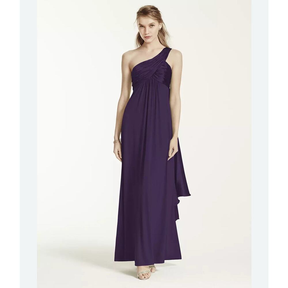 David's Bridal One Shoulder Dress with Cascade Back Lapis Purple Size 10 NWT